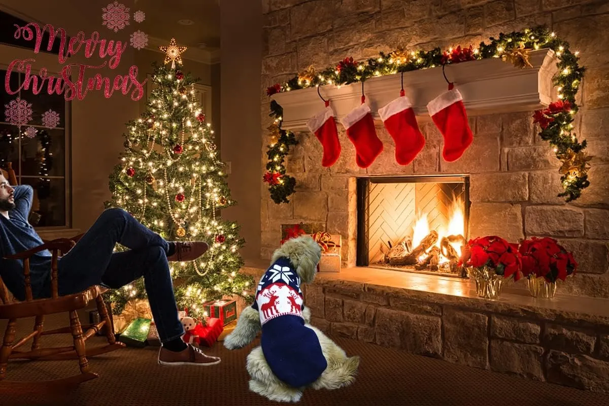 Vehomy Pet Puppy Christmas Sweater Cat Winter Knitwear Xmas Clothes Navy Blue Sweater with Reindeers Snowflakes Pattern Dog Warm Argyle Sweater Coat for Kittens Small Dogs Cats XXL