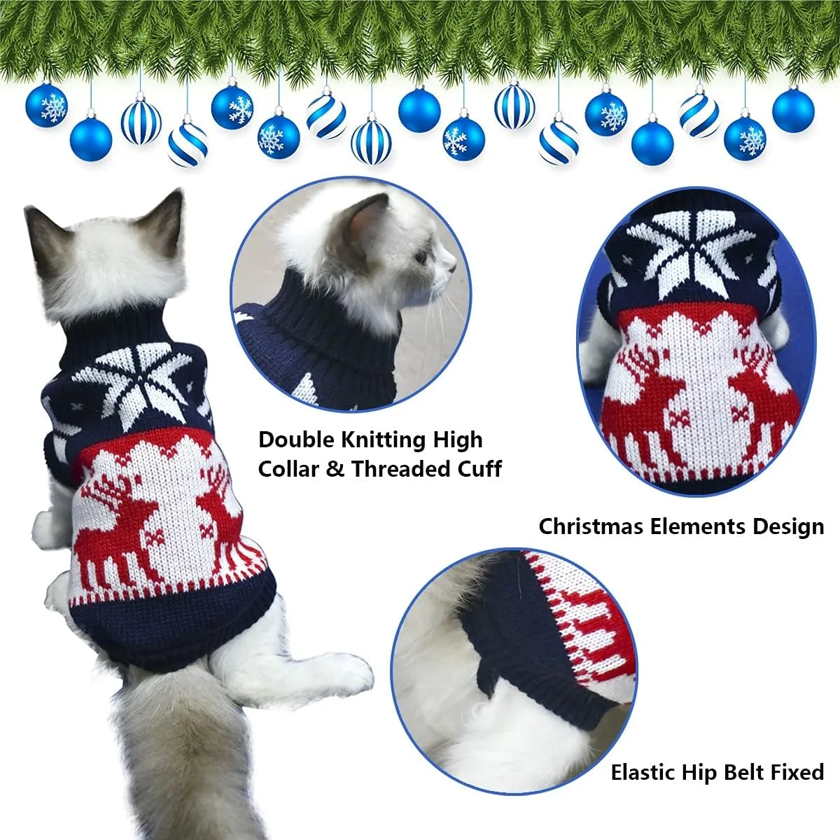 Vehomy Pet Puppy Christmas Sweater Cat Winter Knitwear Xmas Clothes Navy Blue Sweater with Reindeers Snowflakes Pattern Dog Warm Argyle Sweater Coat for Kittens Small Dogs Cats XXL