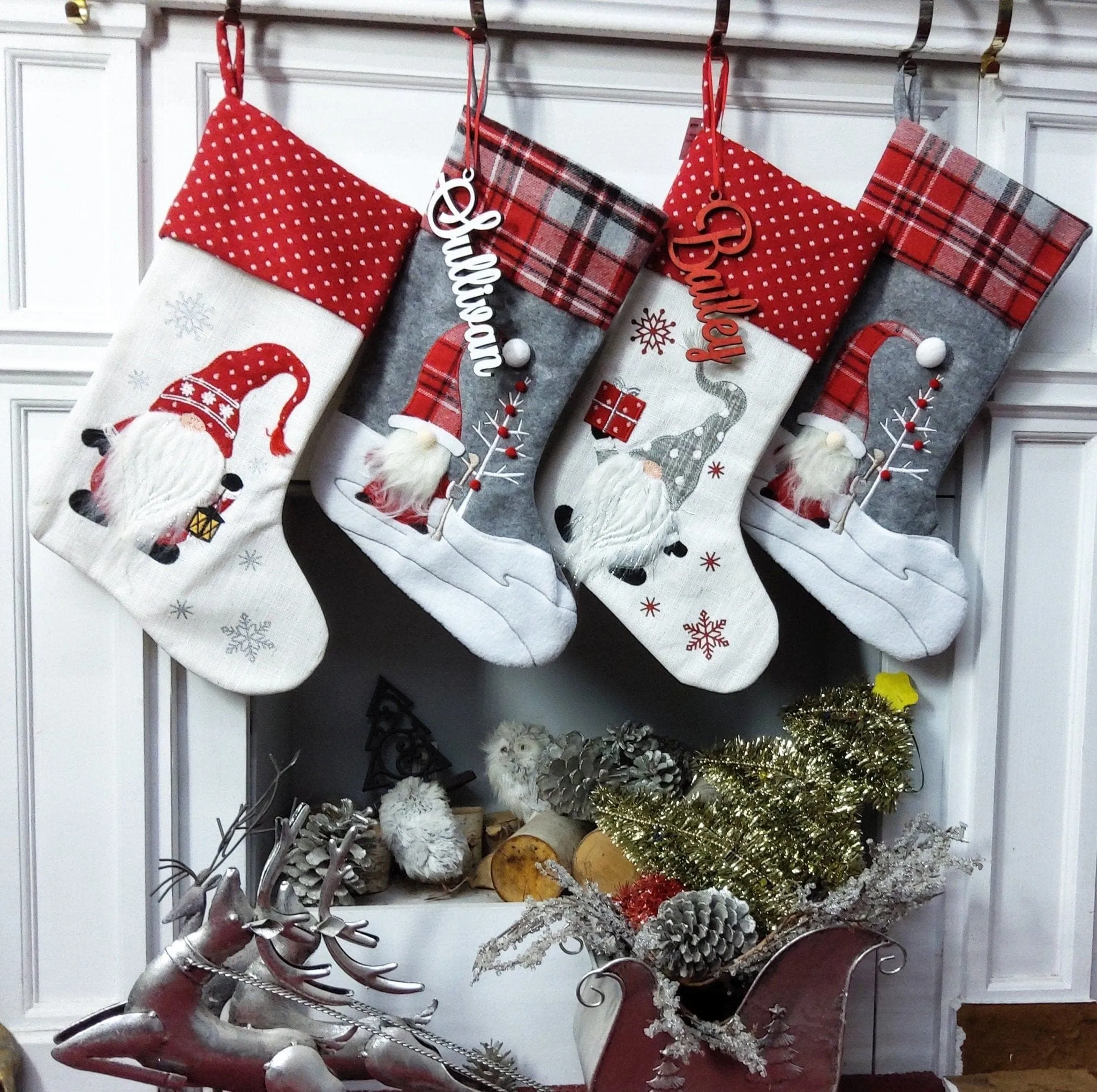 Woodland Santa Snowman Gnomes Personalized Christmas Stockings Buffalo Check Owl Squirrel Red Barn for Kids and Family Holidays 2022