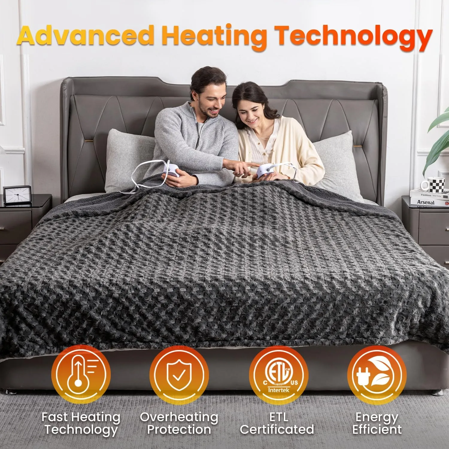 WOOMER Electric Heated Blanket, 84"x 90" Queen Size Heating Blanket, Rose Flower Patterns Faux Fur & Soft Sherpa, 4 Heating Levels & 4H Auto Off, ETL Certified, Machine Washable, Dark Grey