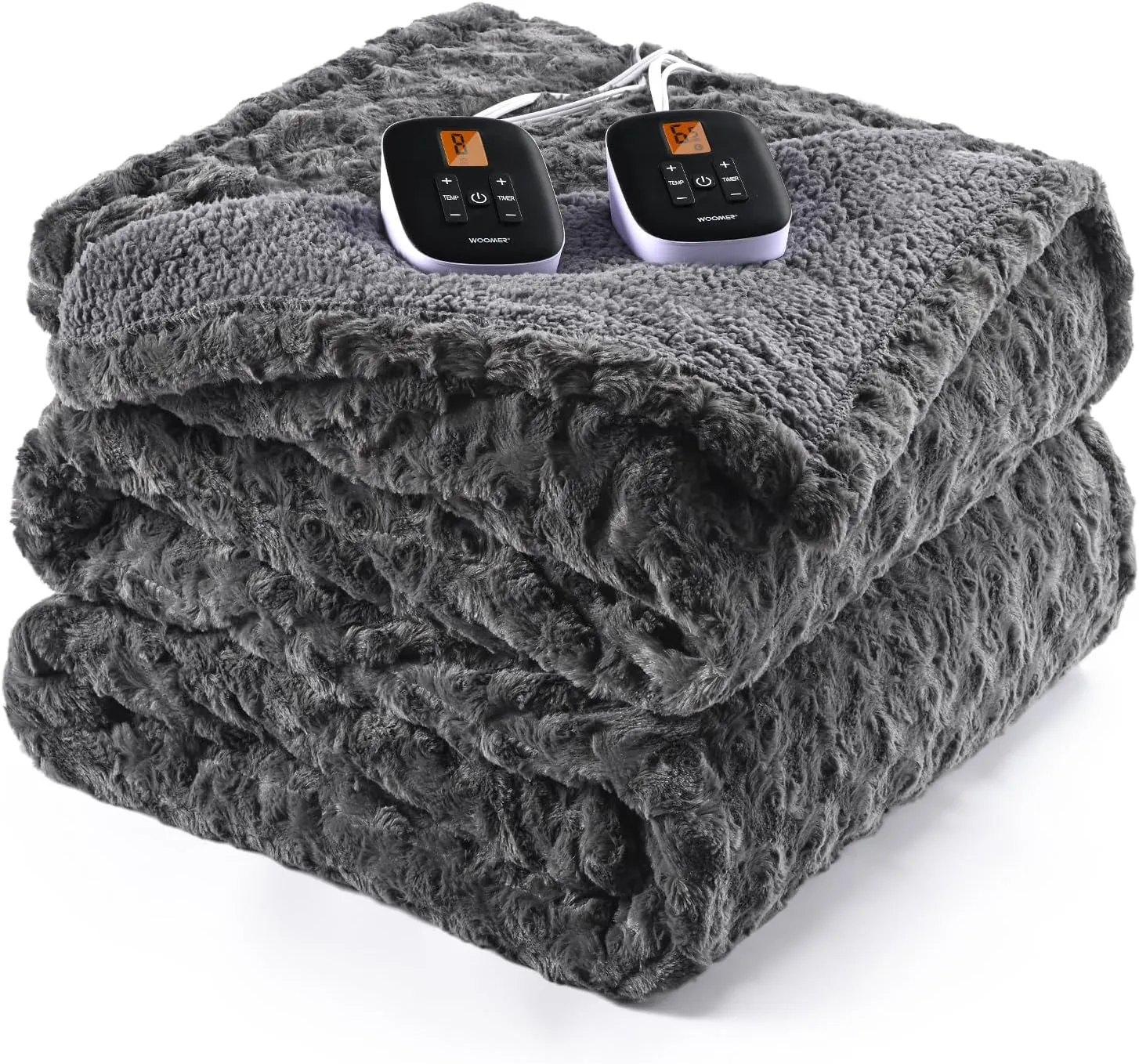 WOOMER Electric Heated Blanket, 84"x 90" Queen Size Heating Blanket, Rose Flower Patterns Faux Fur & Soft Sherpa, 4 Heating Levels & 4H Auto Off, ETL Certified, Machine Washable, Dark Grey