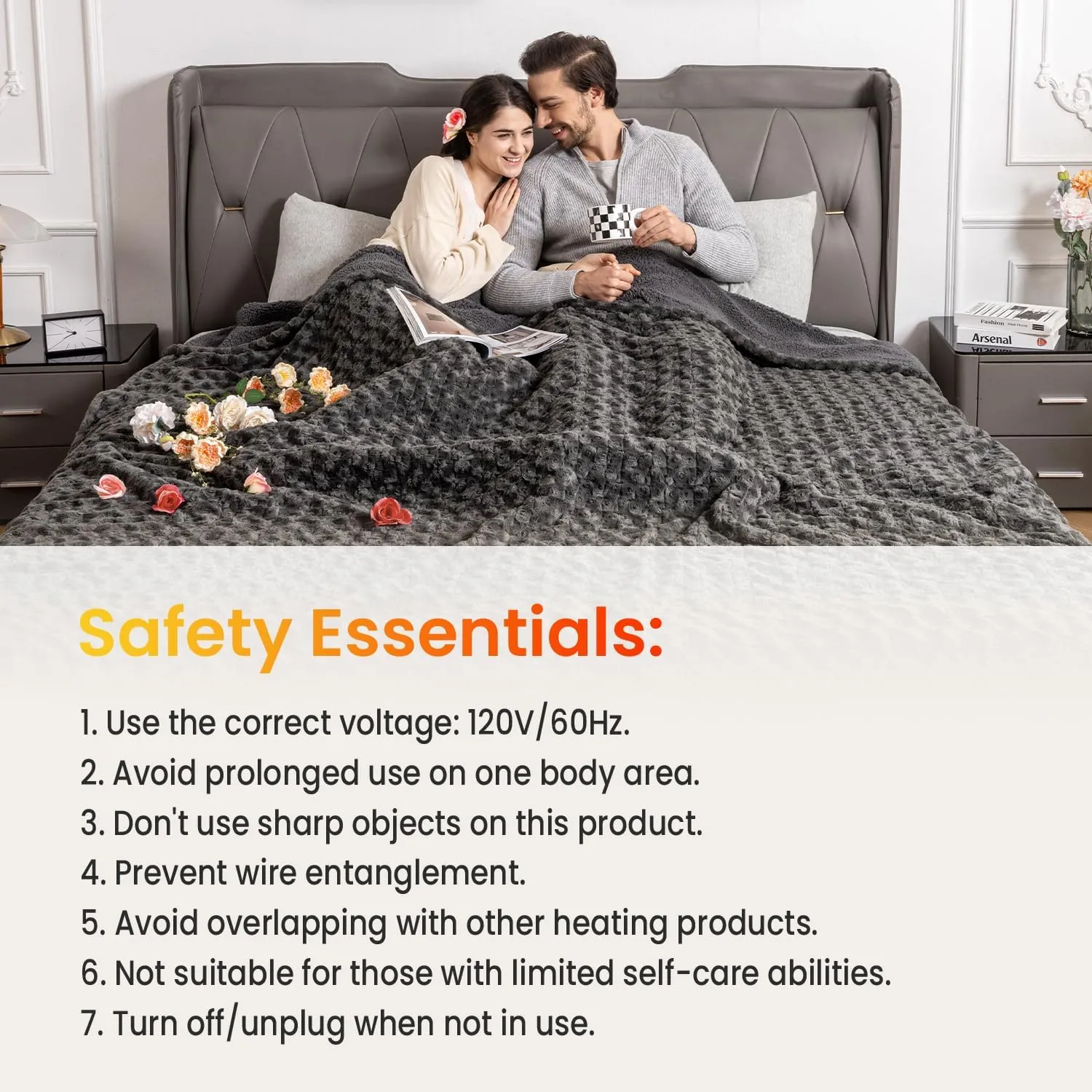 WOOMER Electric Heated Blanket, 84"x 90" Queen Size Heating Blanket, Rose Flower Patterns Faux Fur & Soft Sherpa, 4 Heating Levels & 4H Auto Off, ETL Certified, Machine Washable, Dark Grey