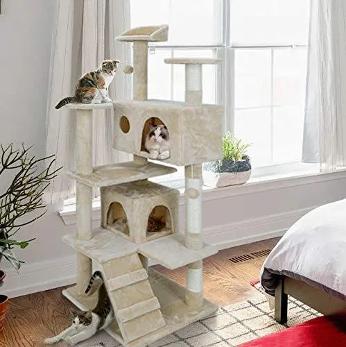 ZENY™ 53‘‘ Cat Tree with Sisal-Covered Scratching Posts and 2 Plush Rooms Cat Furniture for Kittens