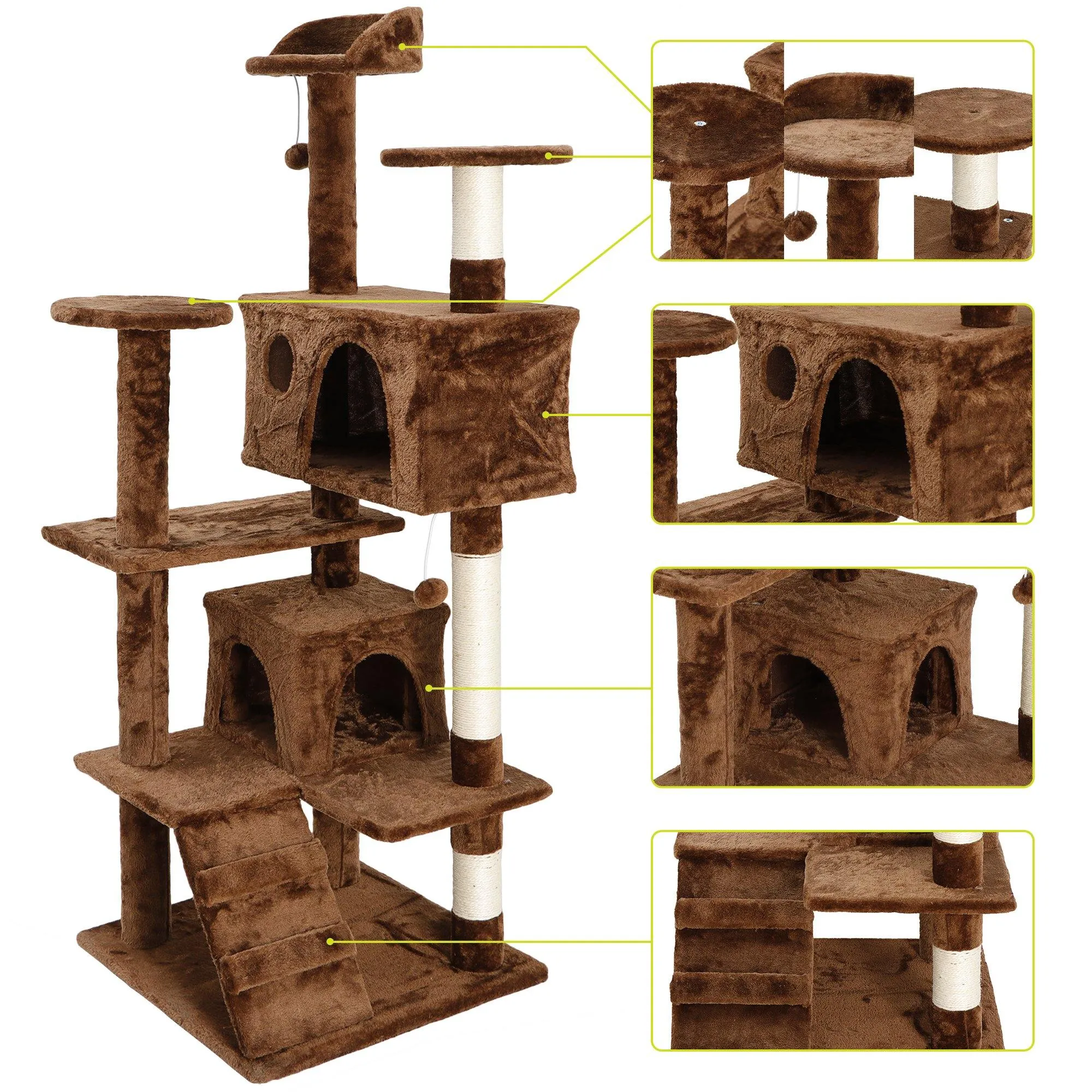 ZENY™ 53‘‘ Cat Tree with Sisal-Covered Scratching Posts and 2 Plush Rooms Cat Furniture for Kittens