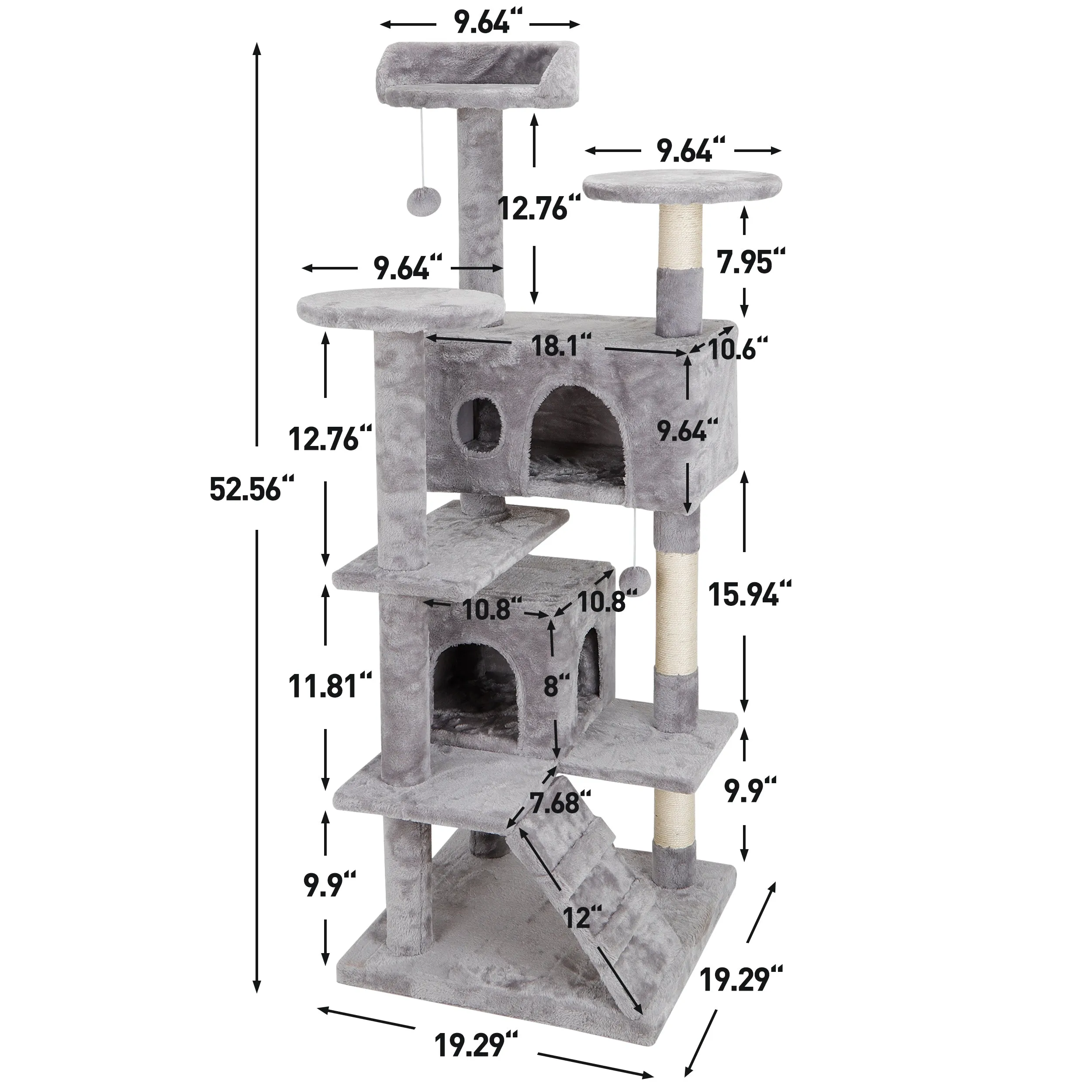 ZENY™ 53‘‘ Cat Tree with Sisal-Covered Scratching Posts and 2 Plush Rooms Cat Furniture for Kittens