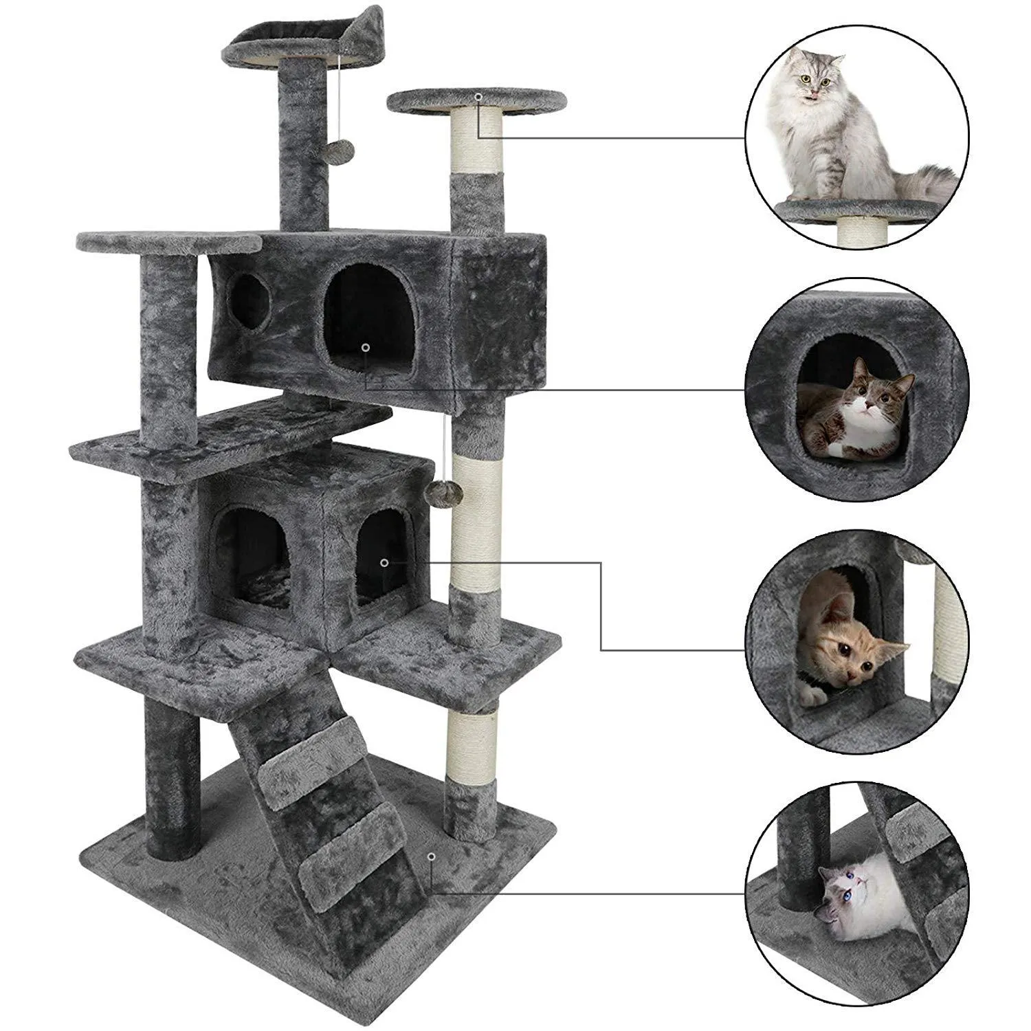 ZENY™ 53‘‘ Cat Tree with Sisal-Covered Scratching Posts and 2 Plush Rooms Cat Furniture for Kittens